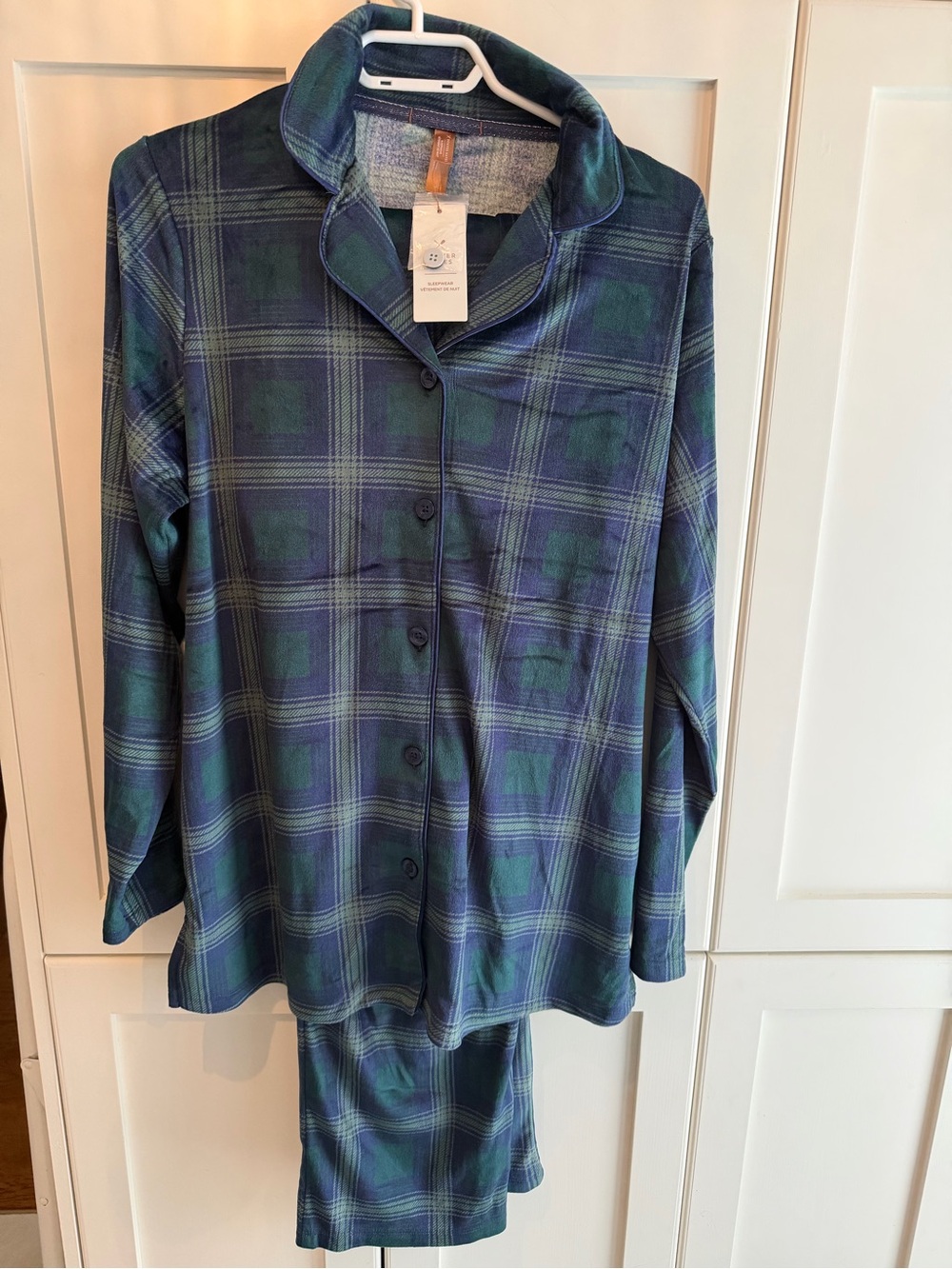 Denver Hayes Navy & Green Plaid Pajama Set - Button-Front Top & Pants
